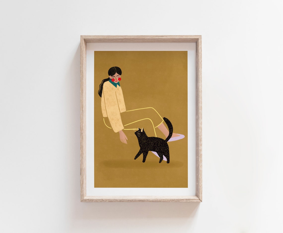 Woman And Black Cat Minimal Gold Background Illustration Poster