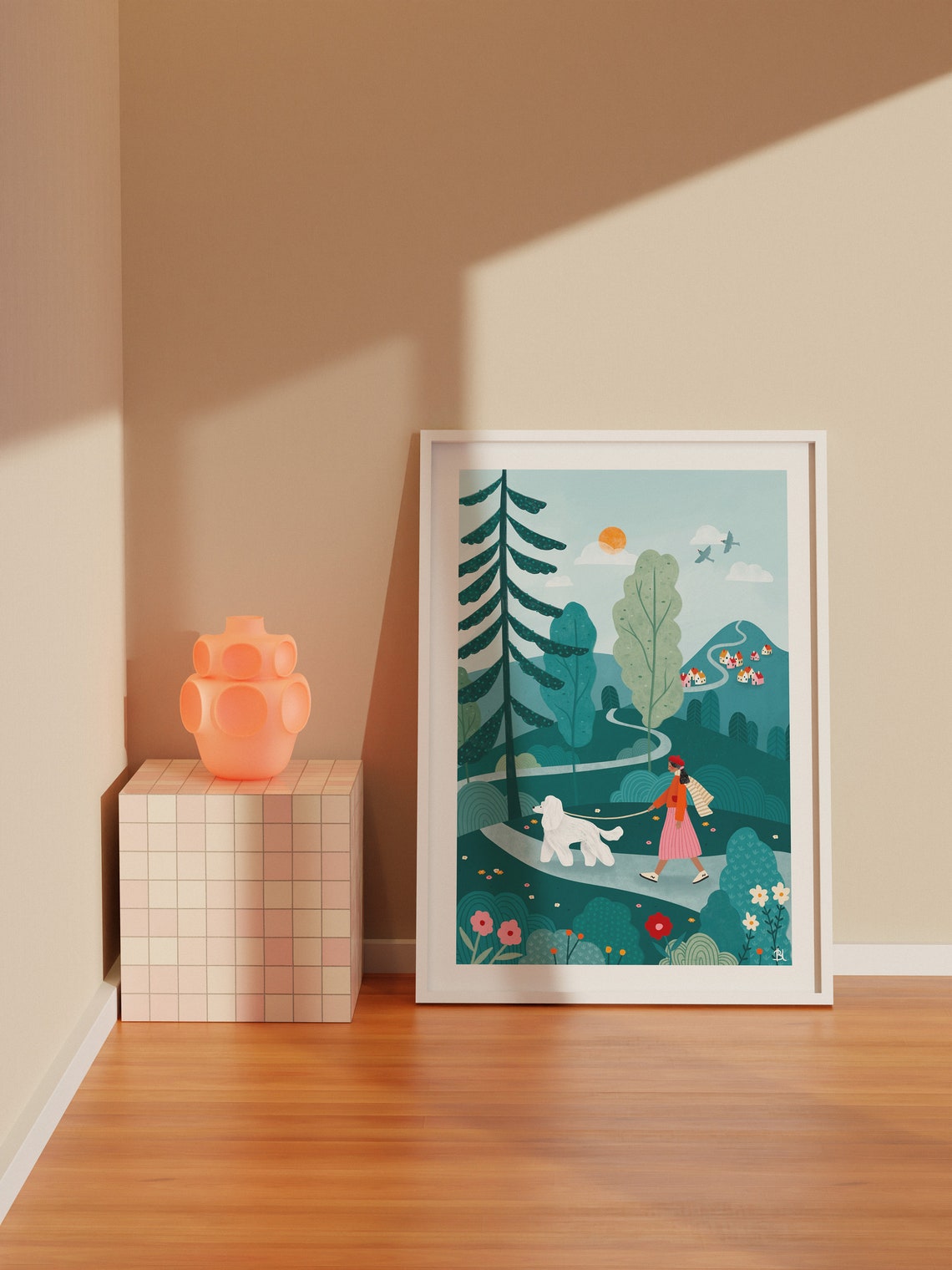 Woman Walking White Poodle On Forest Trail Village Hillside Poster - Image 3