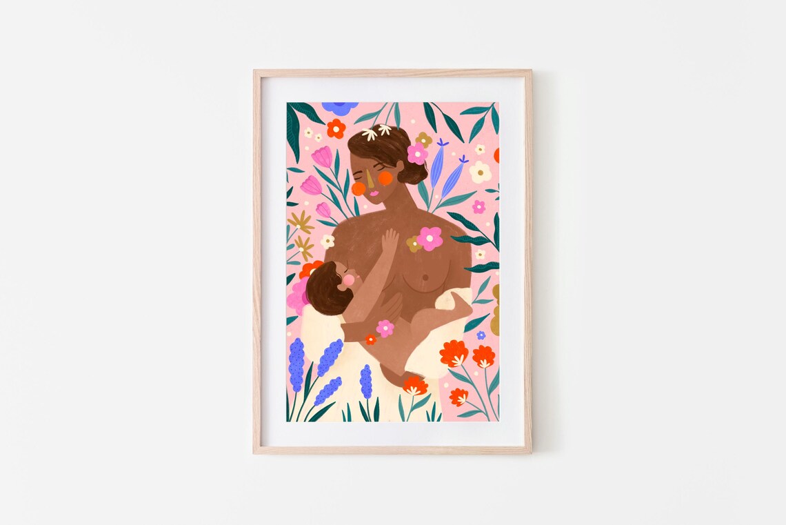 New Mother Breastfeeding Baby Floral Motherhood Illustration Poster