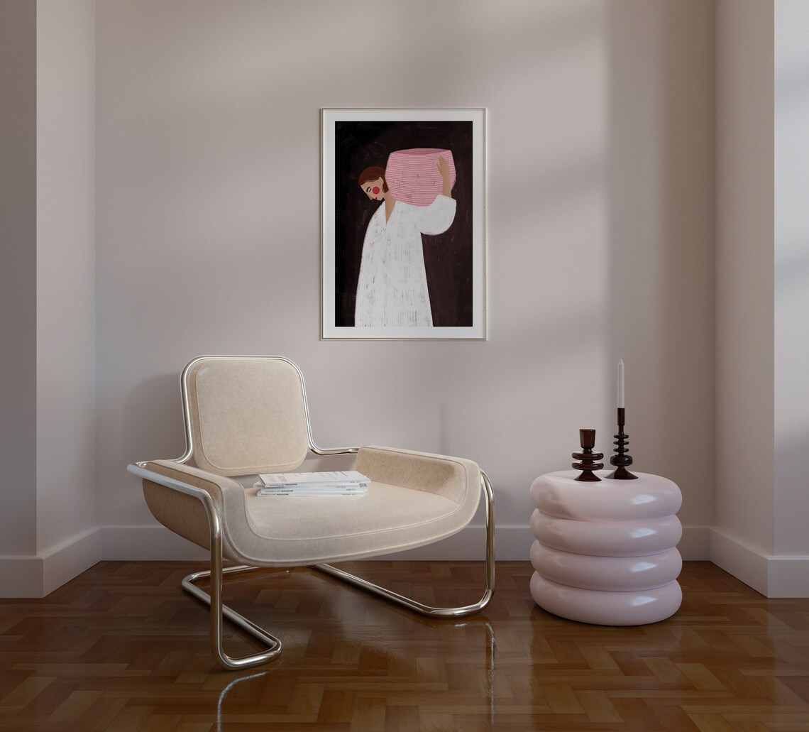 Woman With the Pink Basket Art Print, Portrait - Image 3
