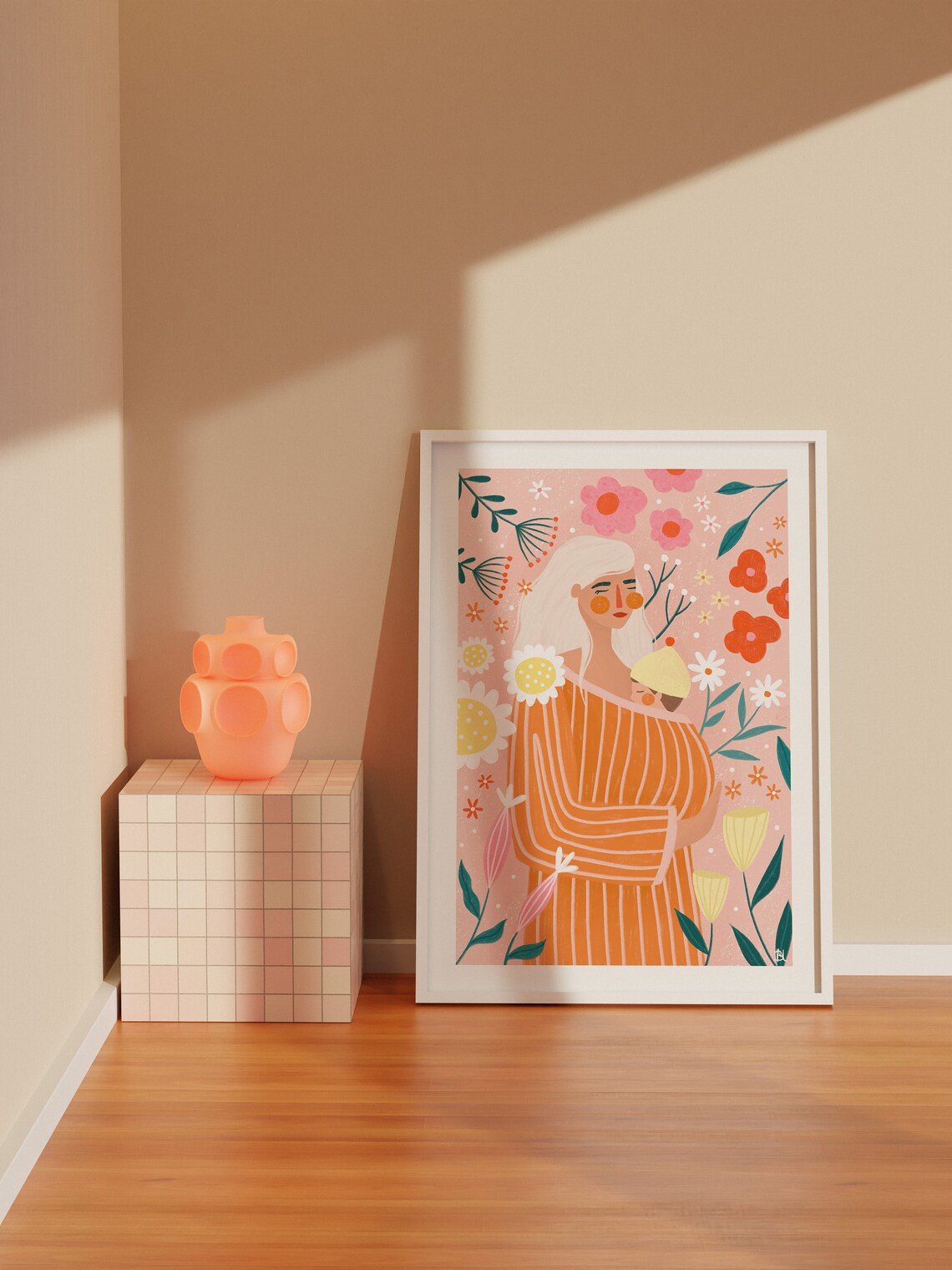 Mother And Baby In Orange Dress Spring Floral Motherhood Poster - Image 3