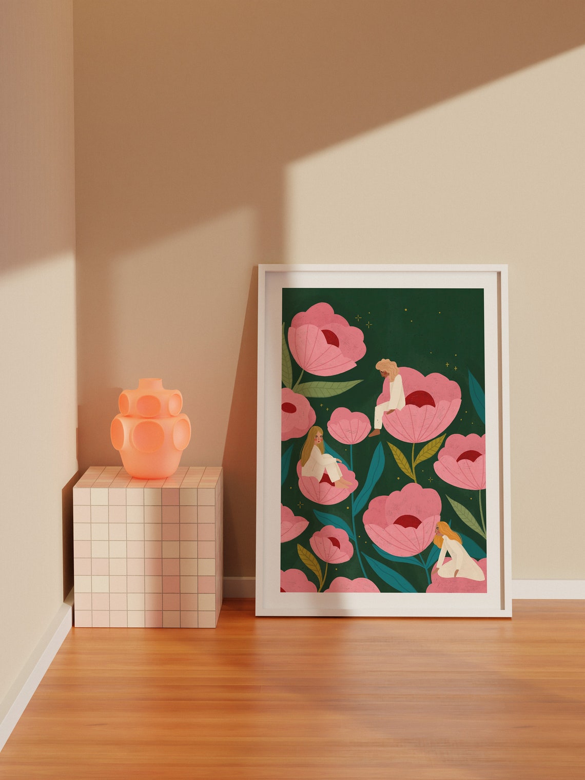 Women Resting Inside Giant Pink Flowers Whimsical Floral Poster - Image 4