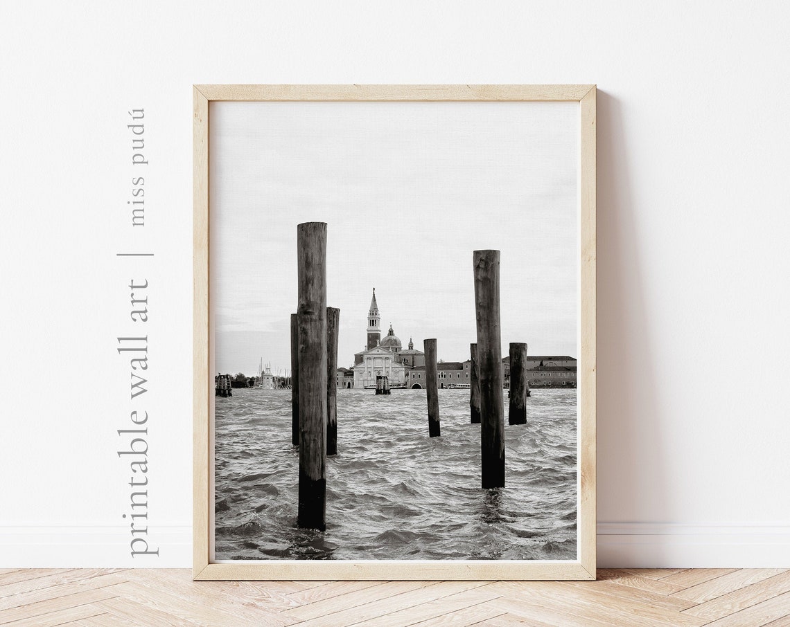Venice Lagoon Wooden Poles Black And White Italian Cityscape Print