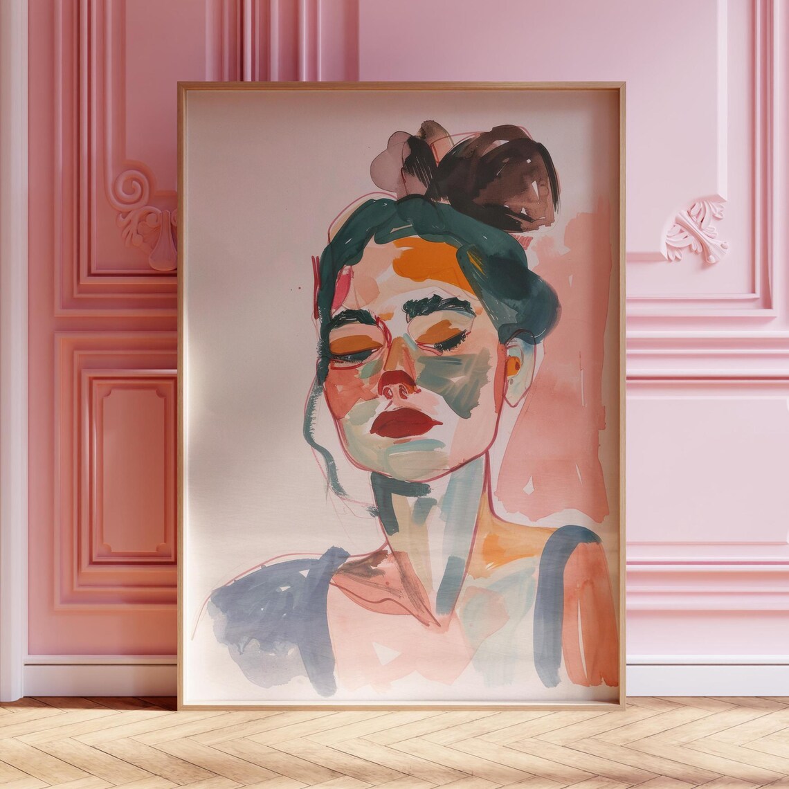 Abstract Watercolor Woman Portrait Modern Colorful Painting Wall Art