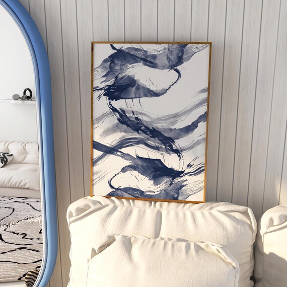 Dark Blue Watercolor Brush Strokes Abstract Ink Wash Minimalist Art Poster