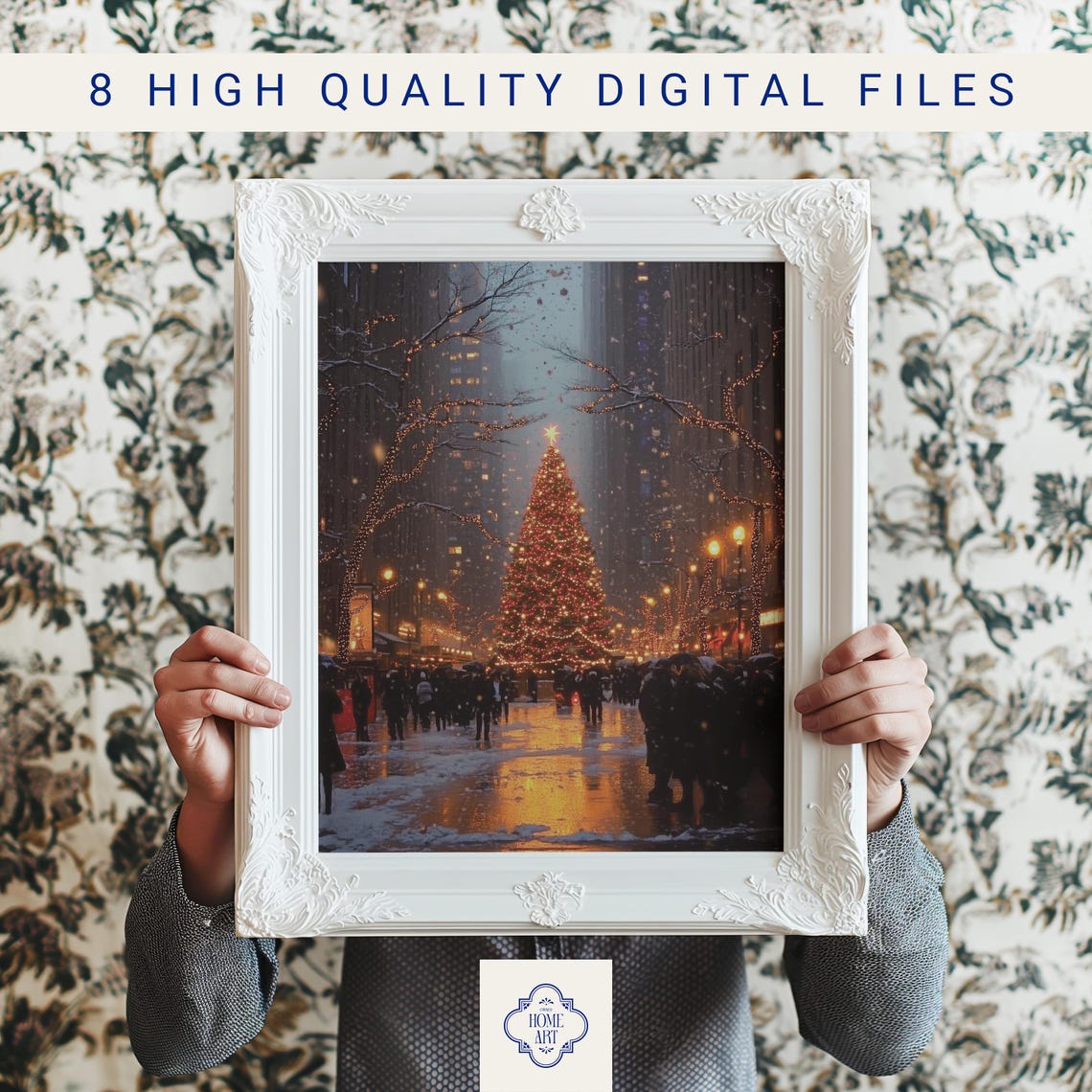 Glowing City Christmas Tree At Night Snowy Crowd Scene Poster - Image 3