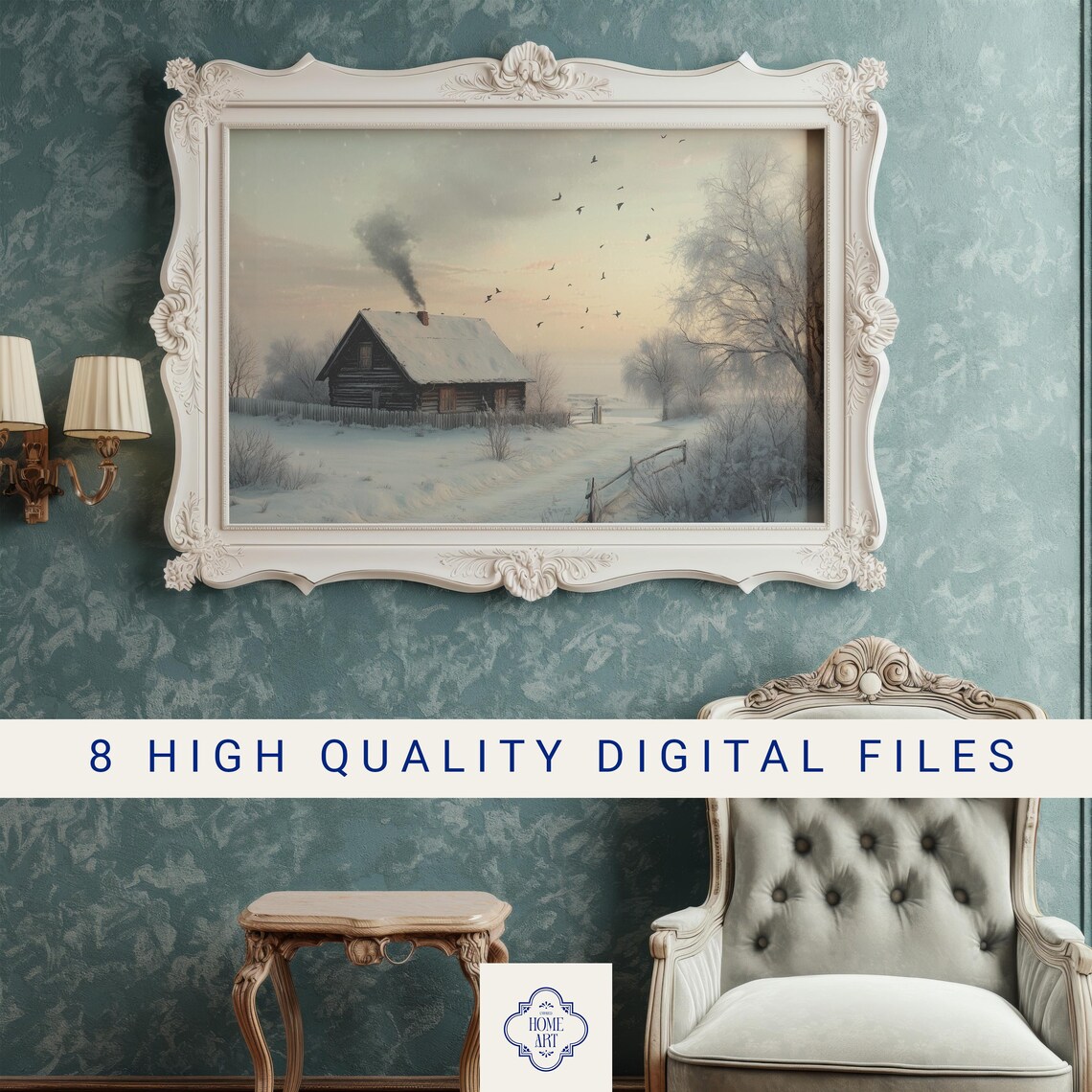 Snowy Cottage In Winter Landscape Cabin With Birds Painting Poster - Image 3