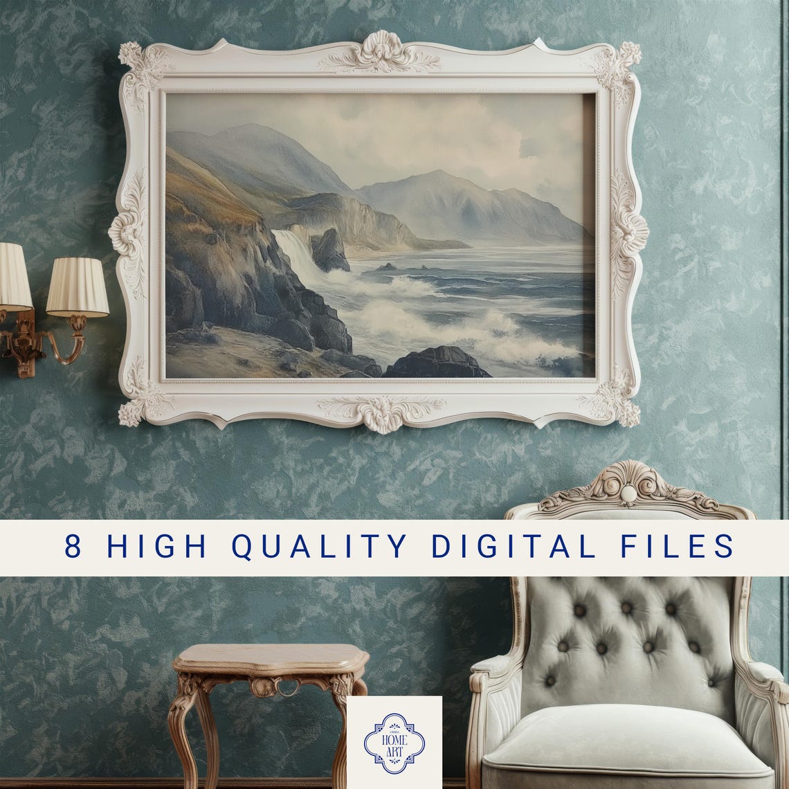 Misty Coastal Cliffs Seascape With Mountains Muted Watercolor Poster - Image 3