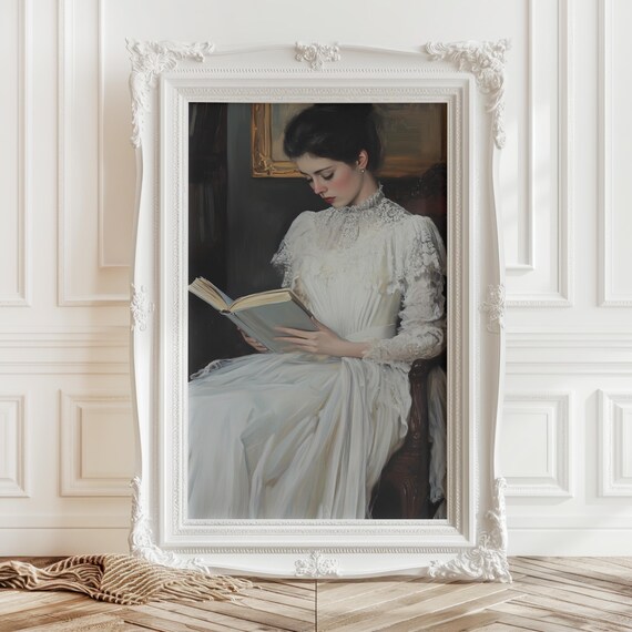 Vintage Woman Reading Print Moody European Portrait Art French Country Wall Decor Victorian Woman Painting