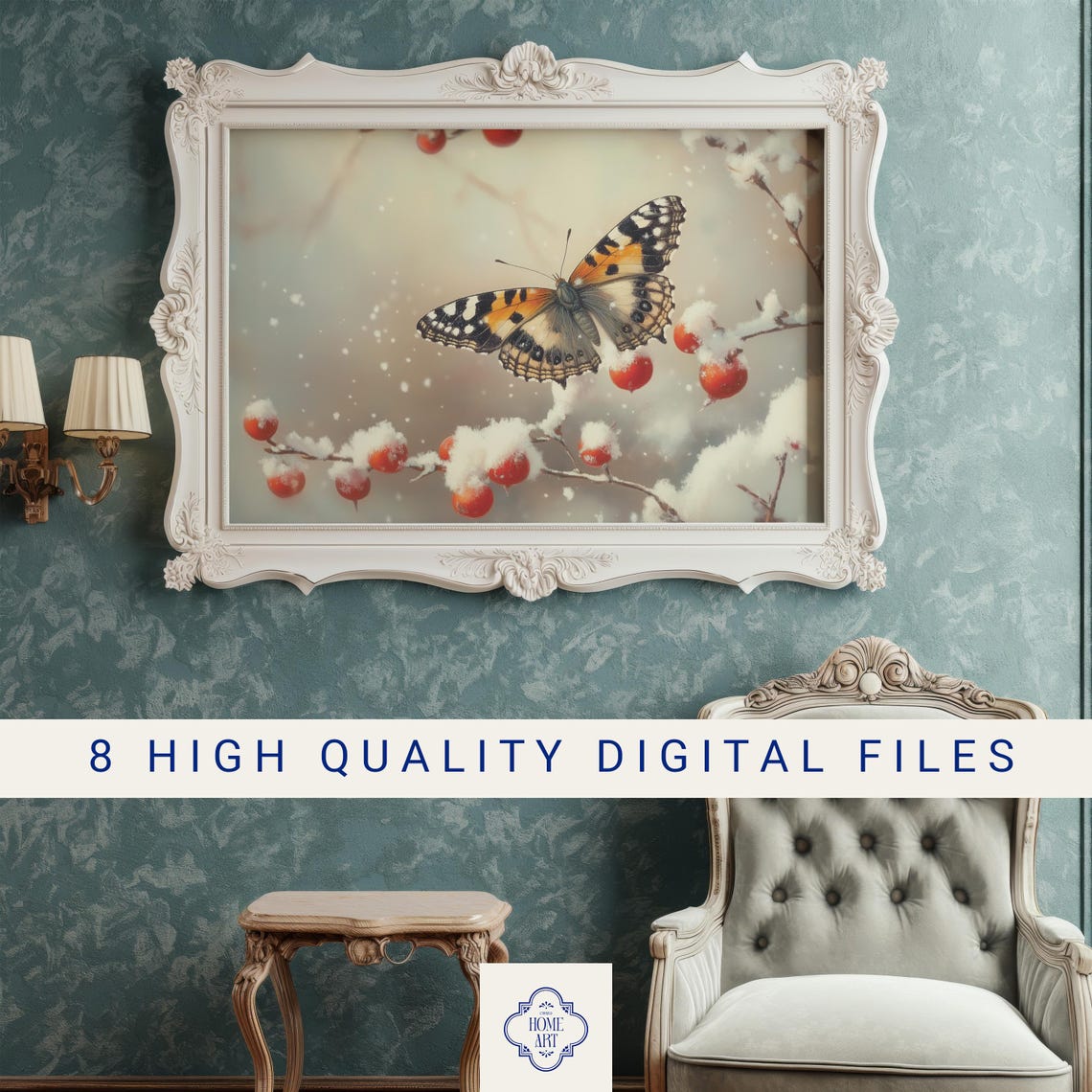 Butterfly On Snowy Winter Berry Branch Seasonal Nature Art Poster - Image 3
