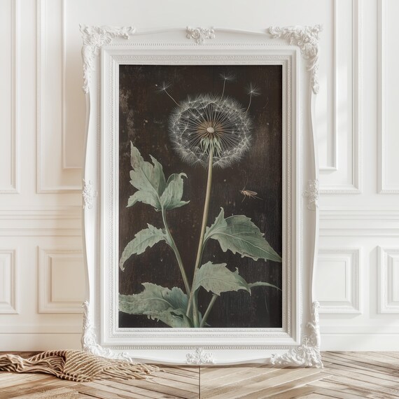 Dark Botanical Print Vintage Moody Dandelion Art Victorian Dark Academia Decor Dark Floral Cottagecore Wall Art
