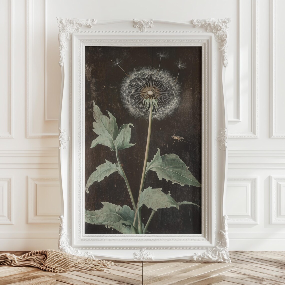 Dandelion Vintage Dark Botanical Moody Seed Head Flower Art Poster