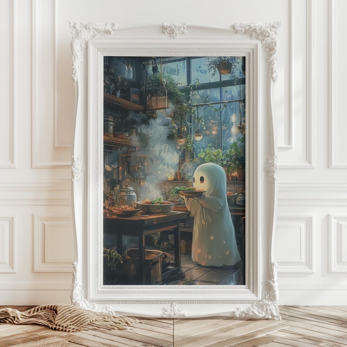 Cute Ghost Cooking In Cozy Kitchen Spooky Halloween Art Poster