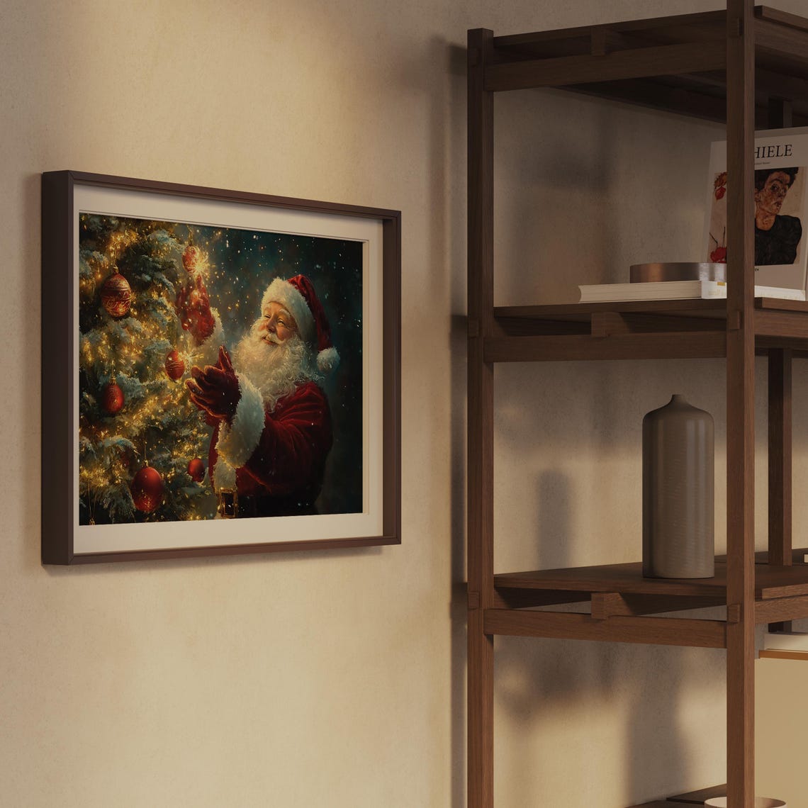 Santa Claus Hanging Glowing Ornament on Christmas Tree Magic Poster - Image 2