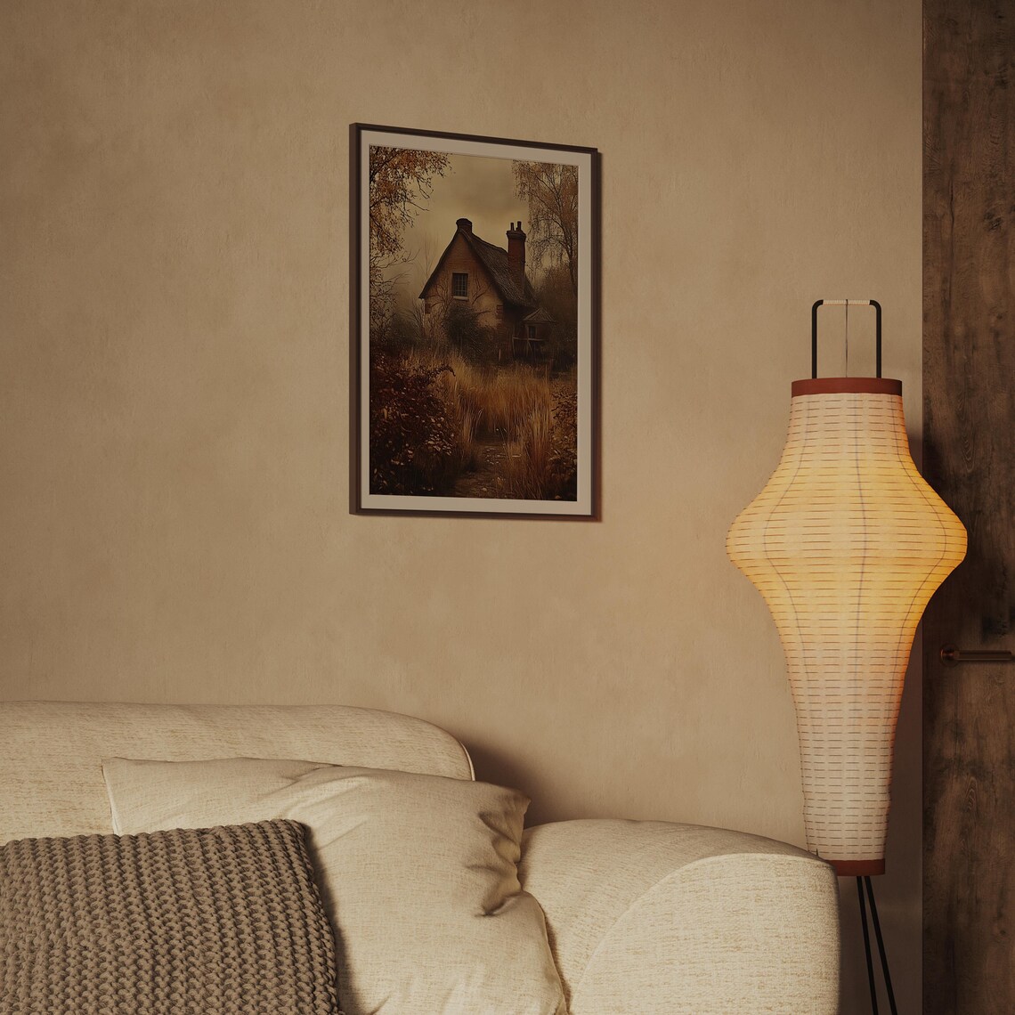 Old Thatched Cottage in Autumn Golden Field Moody Sepia Poster - Image 2