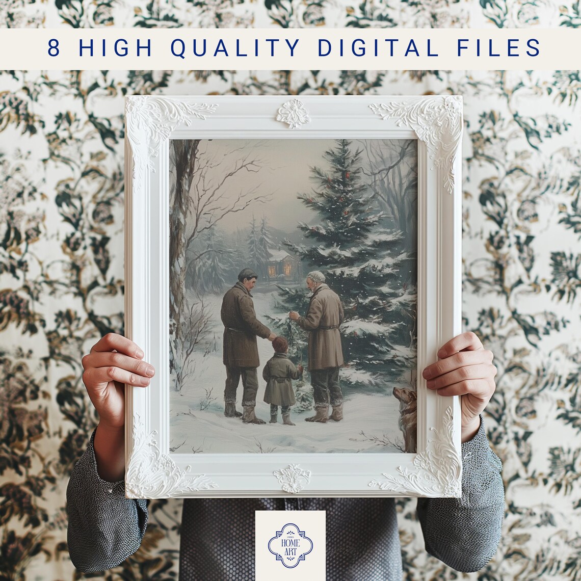 Family Decorating Christmas Tree In Snowy Woods Vintage Poster - Image 3