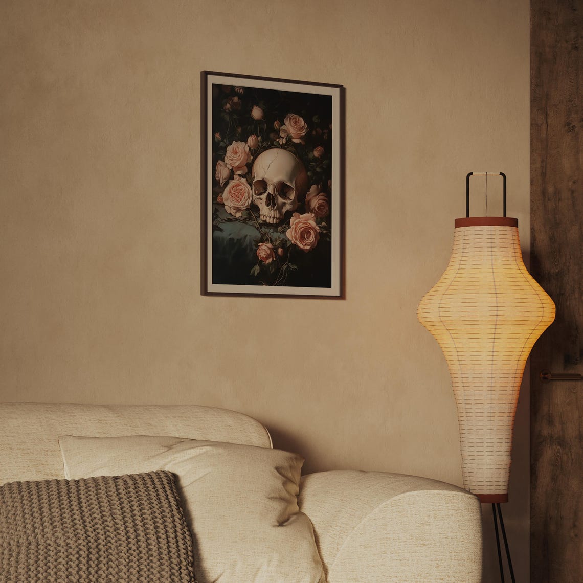 Skull With Blush Roses Dark Moody Floral Halloween Art Poster - Image 2