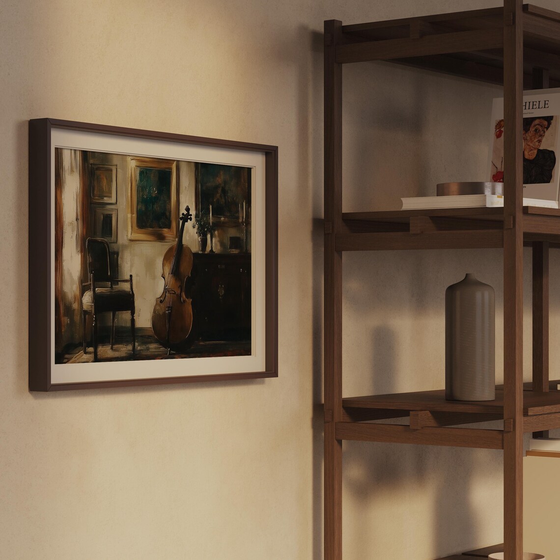 Vintage Cello Resting in Dark Music Room Moody Oil Painting Poster - Image 2