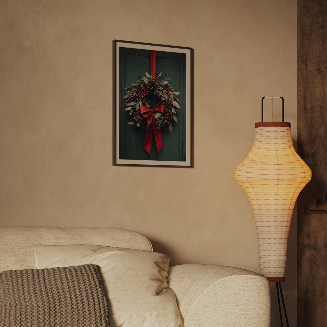 Christmas Wreath With Red Bow Hanging On Dark Green Door Poster - Image 2