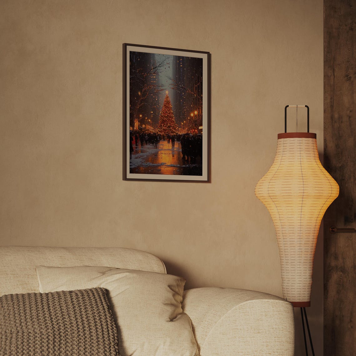 Glowing City Christmas Tree At Night Snowy Crowd Scene Poster - Image 2