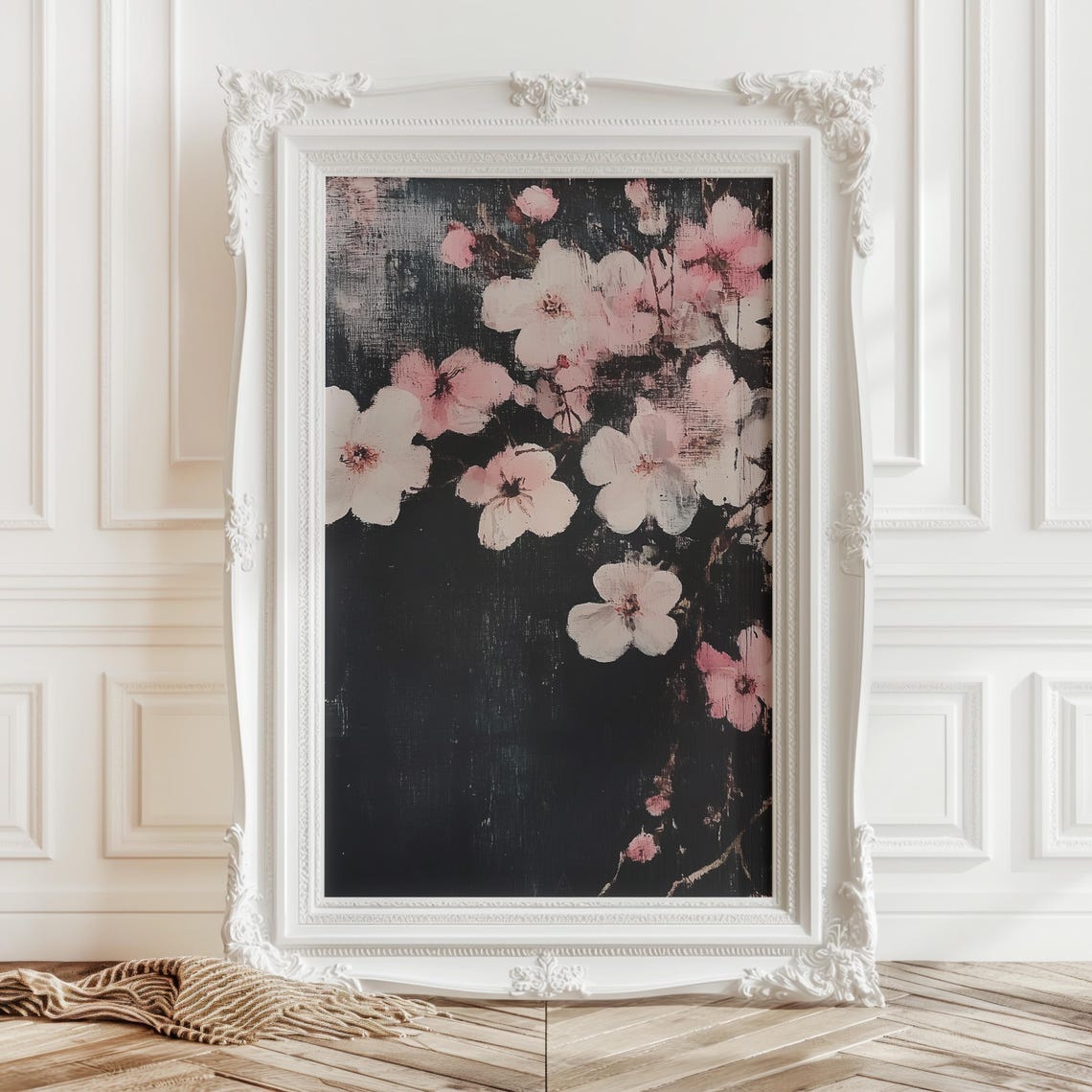 Blush Cherry Blossom Watercolor Floral Art on Black Background Poster