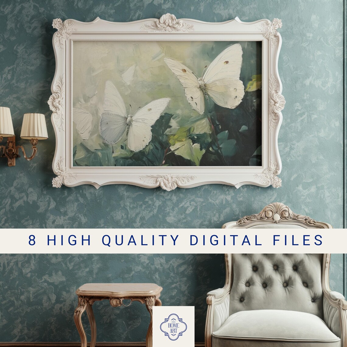 White Butterflies Over Green Foliage Soft Oil Painting Nature Poster - Image 3