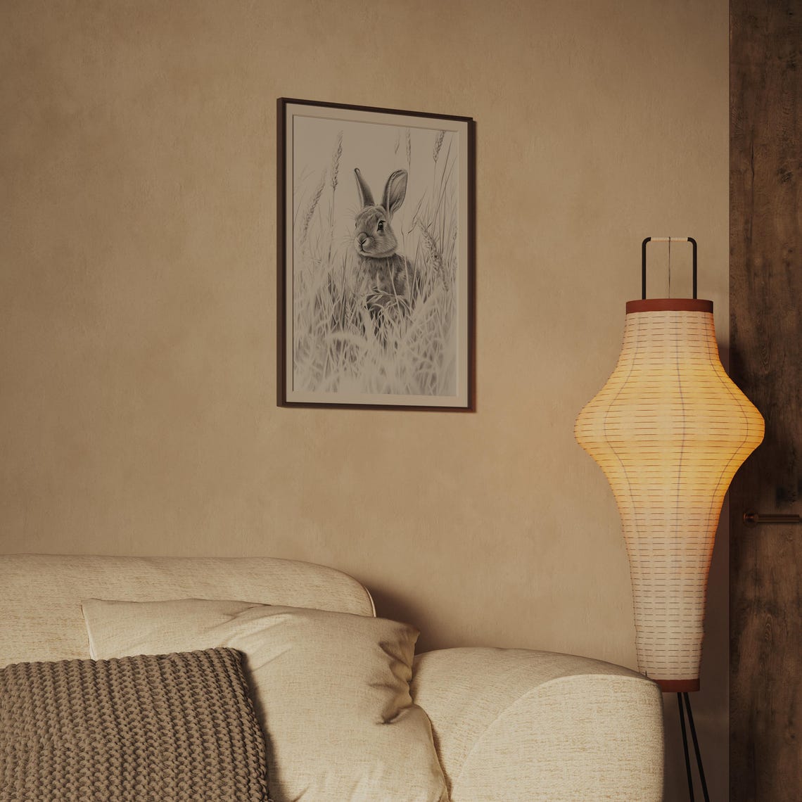 Rabbit in Tall Grass Pencil Sketch Wildlife Drawing Art Print - Image 2