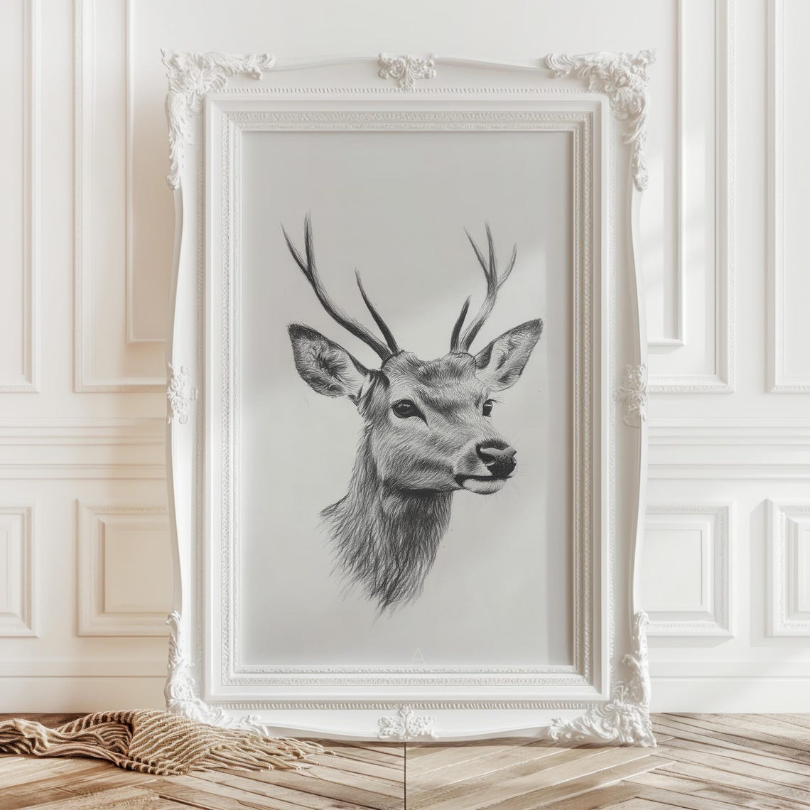 Stag Head With Antlers Pencil Sketch Wildlife Portrait Poster