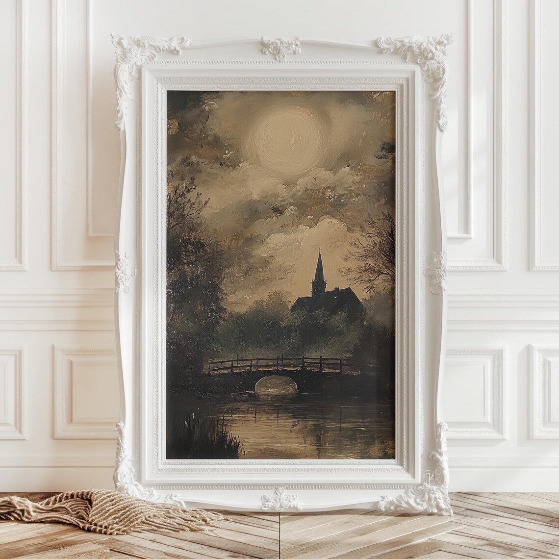 Moonlit River Landscape with Church Steeple and Bridge Oil Painting Print
