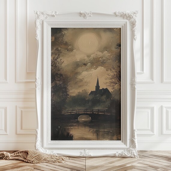 Moonlit River Landscape with Church Steeple and Bridge Oil Painting Print
