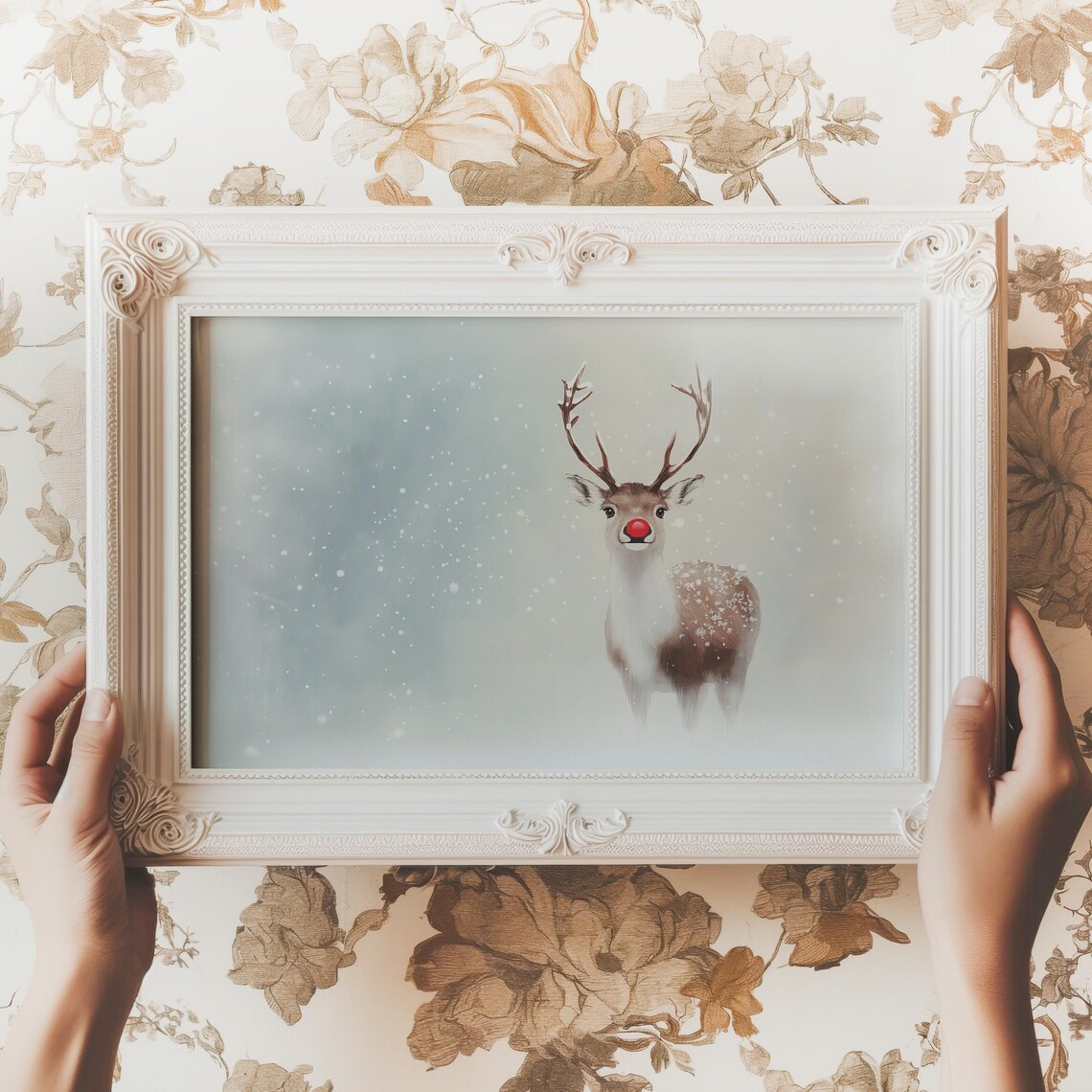 Cute Red Nosed Reindeer in Soft Snowfall Minimalist Christmas Poster
