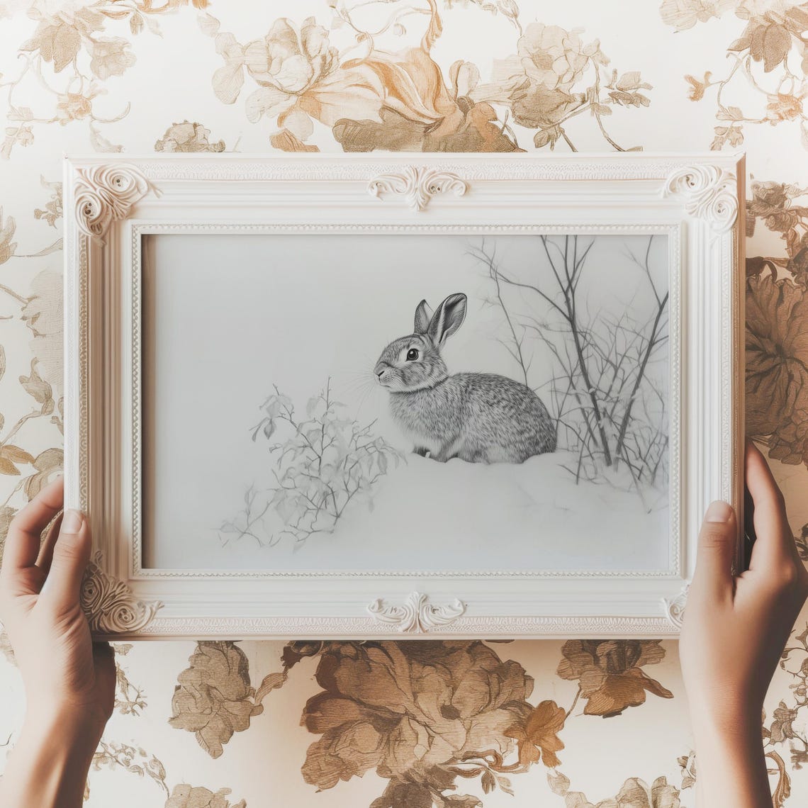 Gray Rabbit Sitting in Snow Pencil Sketch Winter Scene Art Print