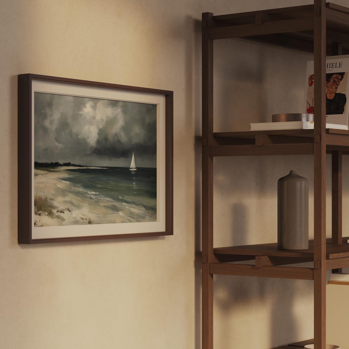 Stormy Beach with Sailboat Under Dark Clouds Moody Seascape Print - Image 2