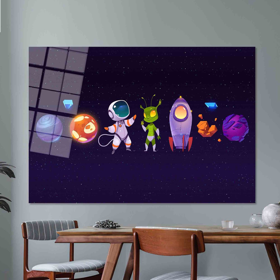 Cartoon Astronaut Alien Rocket Planets Kids Room Space Poster - Image 2