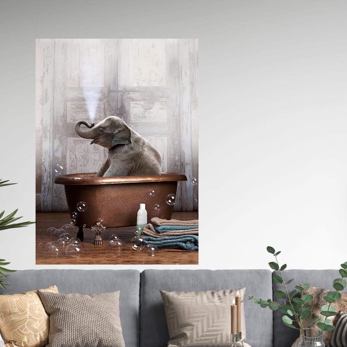 Baby Elephant Taking A Bubble Bath In A Copper Tub Animal Poster