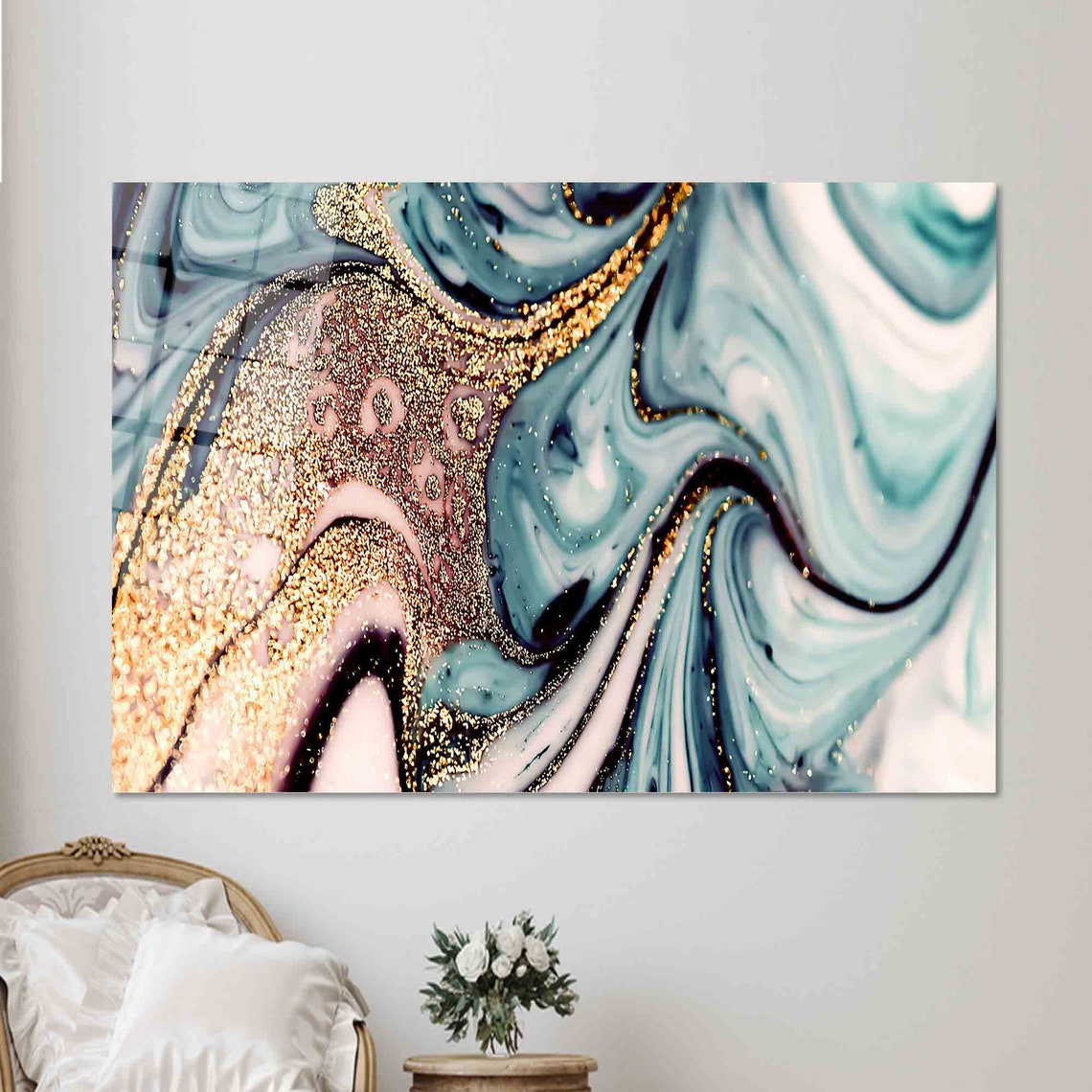 Blue and Gold Glitter Marble Swirl Shimmer Abstract Decor Poster - Image 2