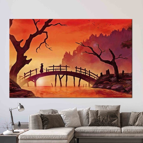 Samurai Wall Art Anime Wall Art Orange Wall Art Bridge Art Dead Tree Art Modern 3d Glass Art Samurai Wallpaper Tempered Glass