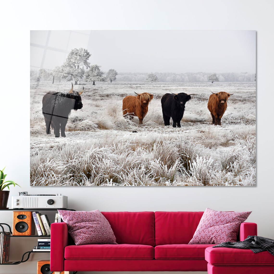 Four Highland Cows Snowy Winter Field Farmhouse Photography Poster - Image 2
