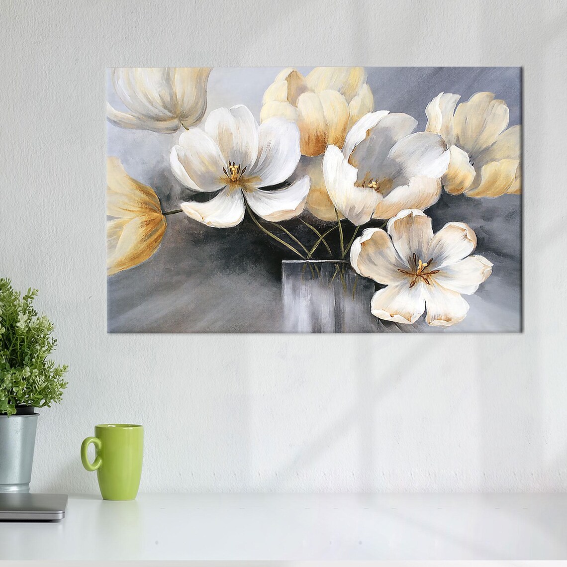 Soft White And Gold Blossom Bouquet Painted Floral Art Poster