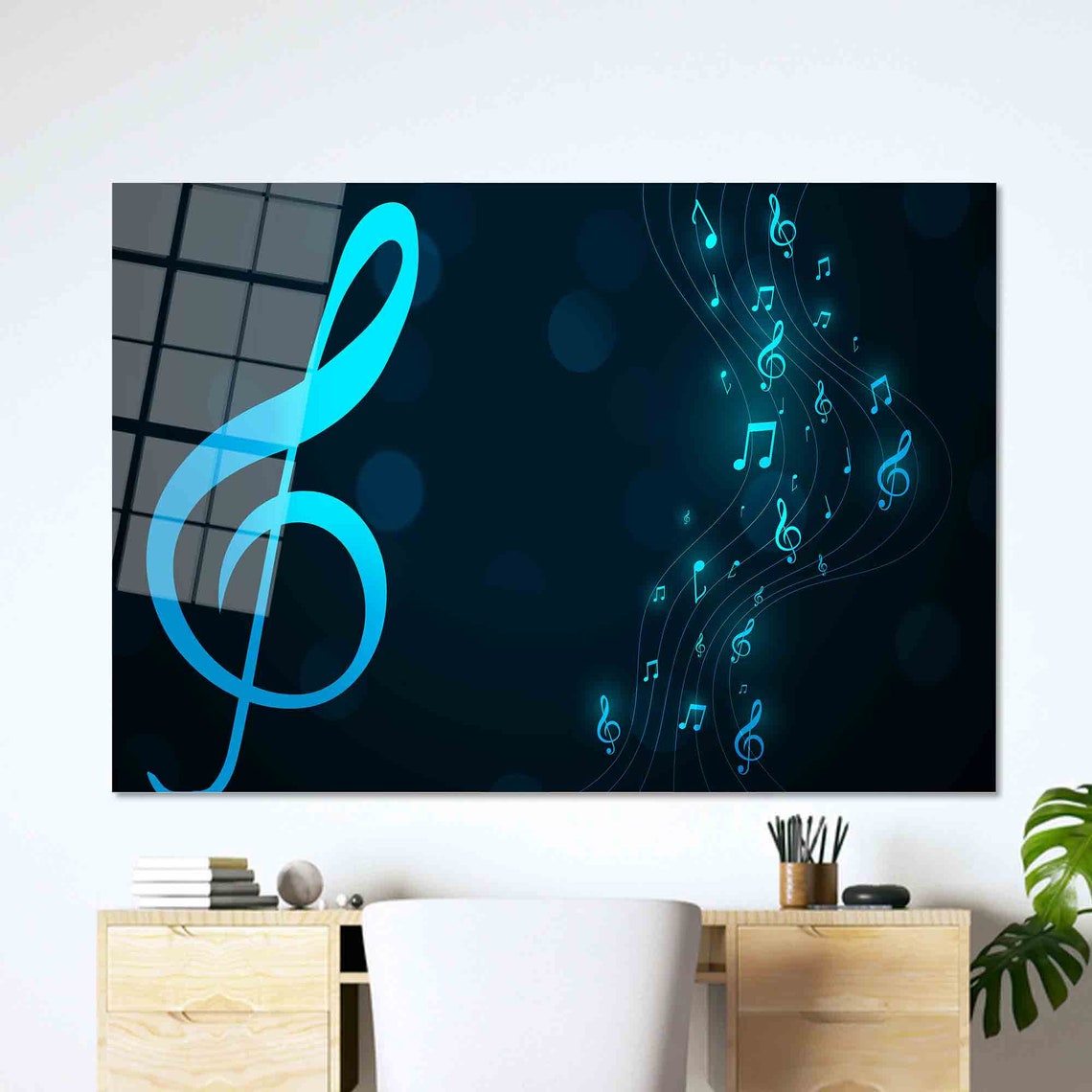 Glowing Blue Treble Clef and Music Notes Dark Background Poster - Image 2