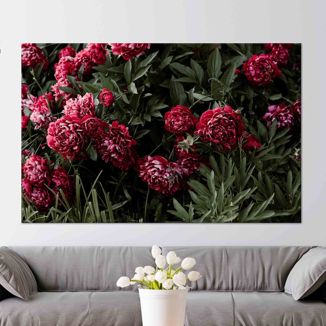 Deep Red Peony Flowers Blooming Dark Botanical Garden Art Poster