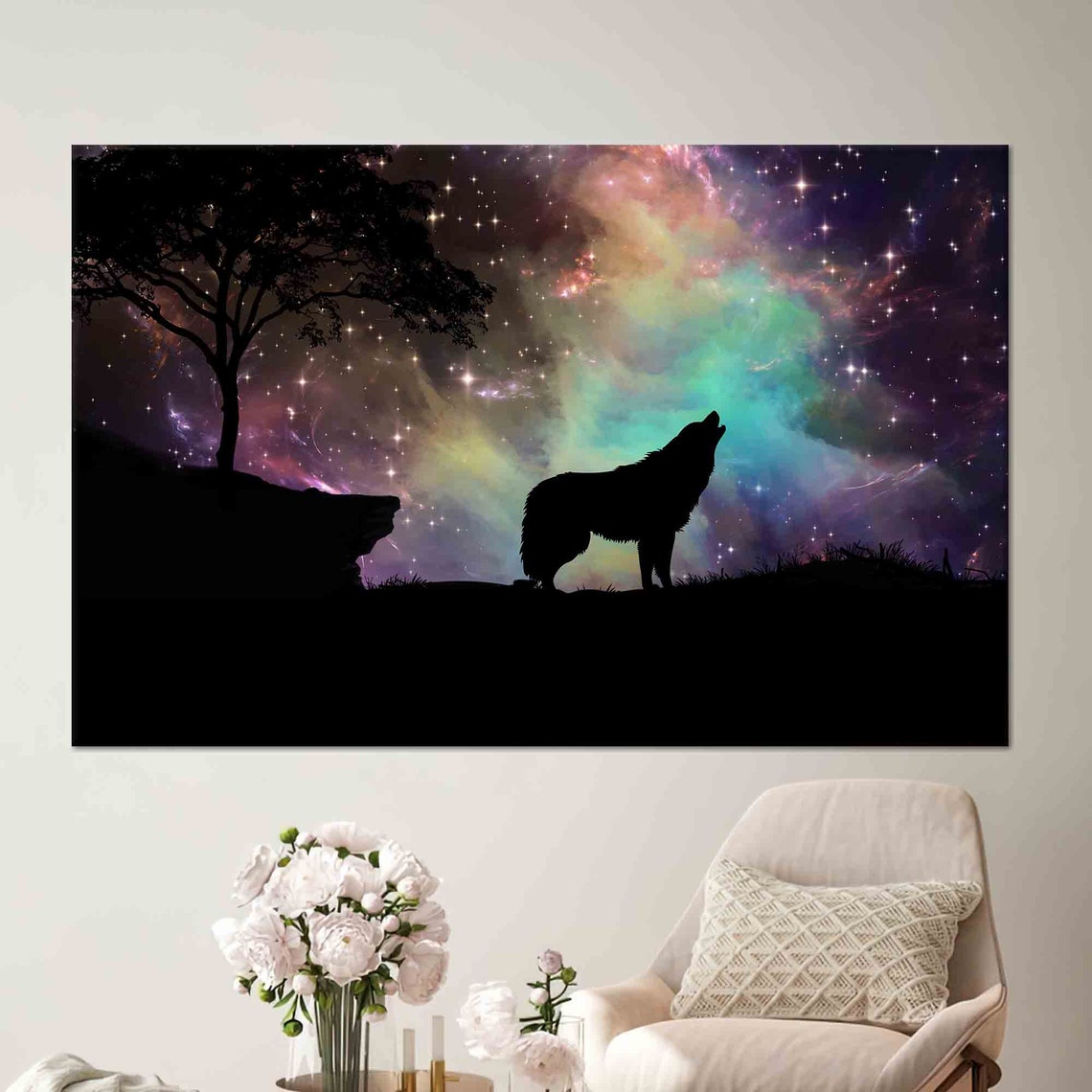 Howling Wolf Silhouette Colorful Starry Night Sky Galaxy Nature Poster