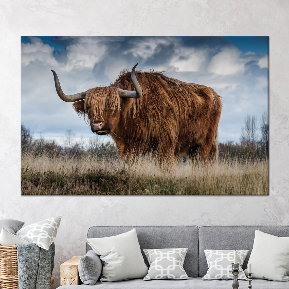 Shaggy Highland Cow Golden Field Cloudy Sky Farm Animal Poster