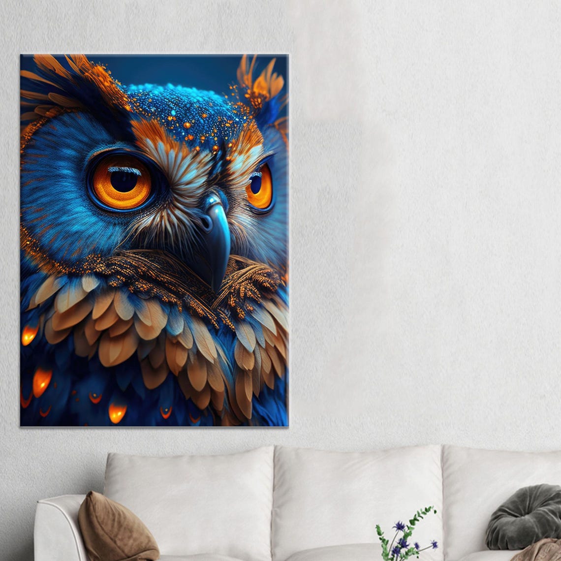 Blue And Gold Stylized Owl With Bright Glowing Amber Eyes Poster
