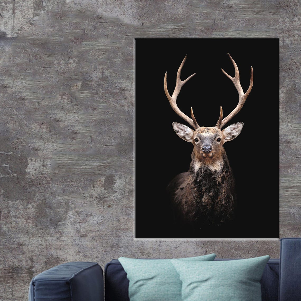 Stag Deer Portrait Emerging On Black Background Wildlife Poster
