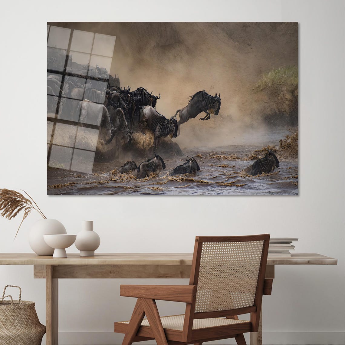 Wildebeest Herd Crossing The River In Dust Wildlife Art Poster - Image 2