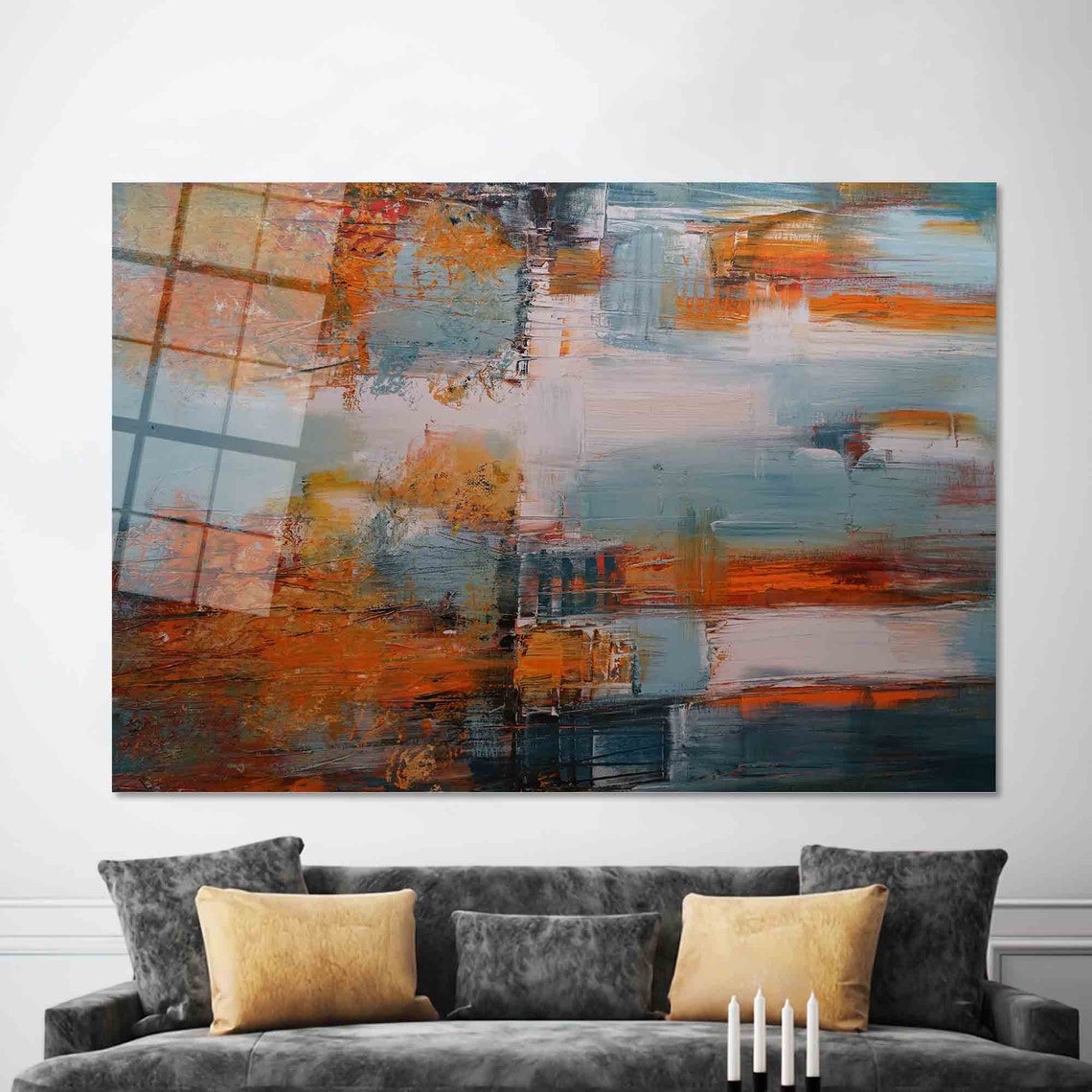 Modern Abstract Orange and Blue Expressive Brushstroke Painting Poster - Image 2