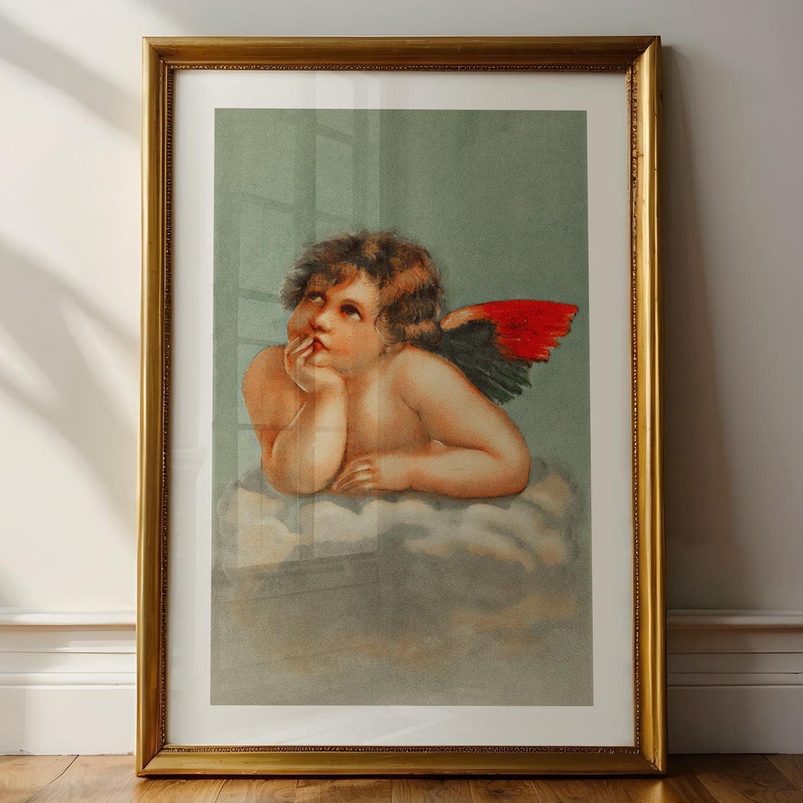 Cherub Angel Vintage Classic Painting Cloud Muted Green Poster