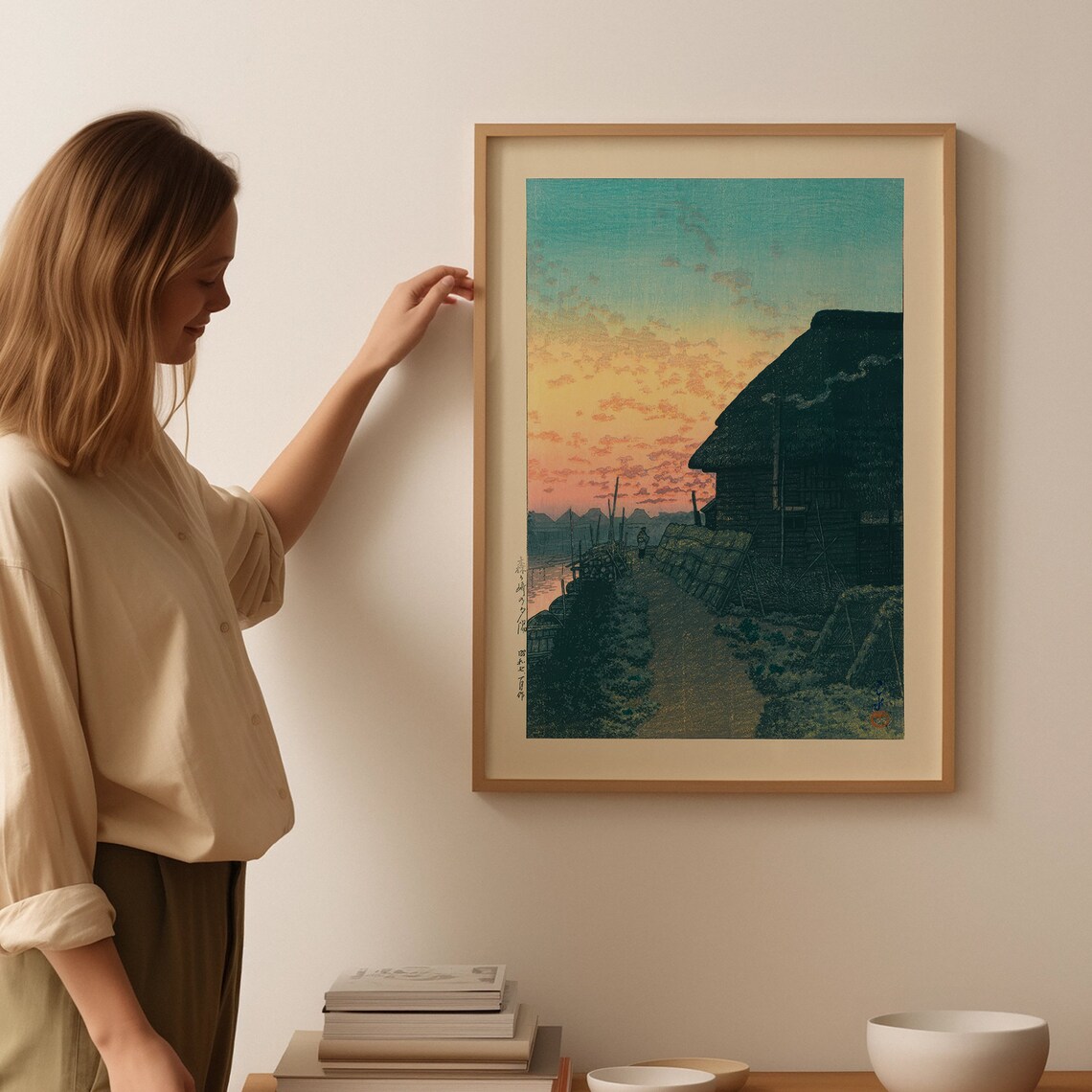 Kawase Hasui Thatched Farmhouse Sunset Path Figure Vintage Woodblock Poster - Image 3