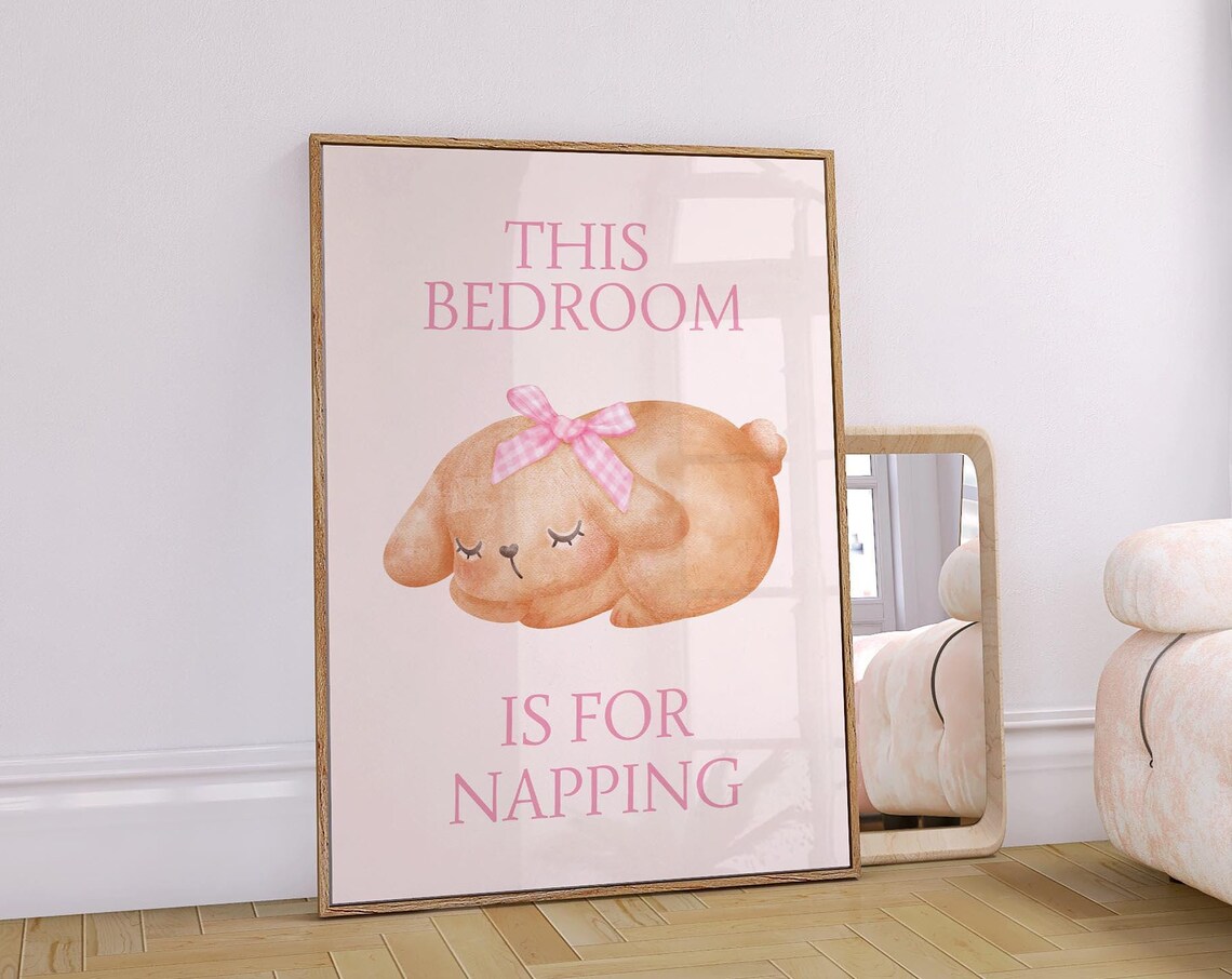 Sweet This Bedroom Is For Napping Cute Sleeping Puppy Pink Poster - Image 2